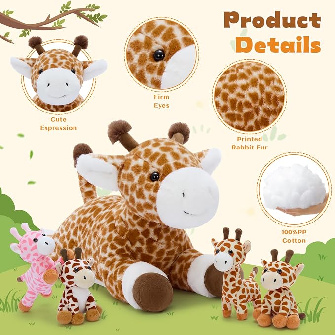 Tezituor 5Pcs Giraffe Stuffed Animal Set, 22 inch Large Mommy Stuffed Giraffe with 4 Cute Babies Deer Toy for Boys Girls, Soft Giraffe Plush Body Pillow for Birthday Party Decor