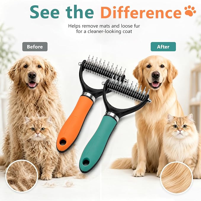 Dog Brush and Cat Deshedding Rake, Pet Grooming Tool for Shedding with Rounded Stainless Steel Teeth, Comfortable Grip for Long or Thick Coats (Orange+Green)