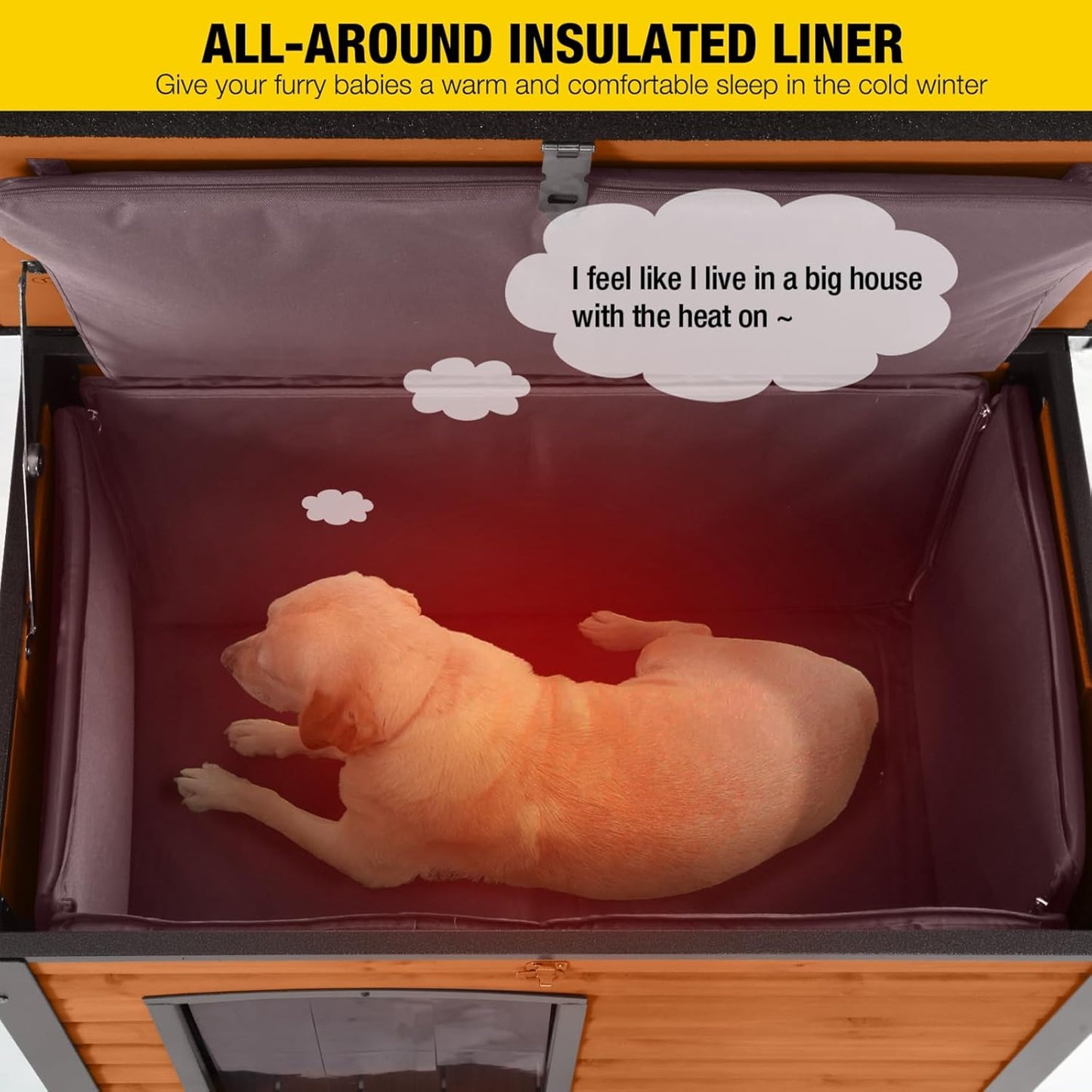 Insulated Outdoor Dog House with Liner for Winter Wooden Dog Kennel with All-Around Iron Frame,Waterproof