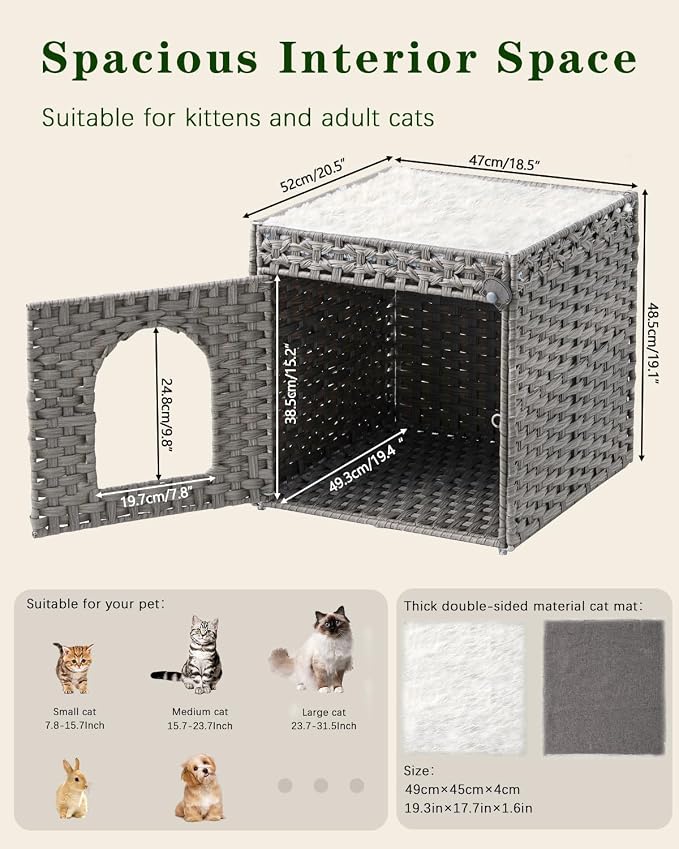 SETVSON Cat Beds for Indoor Cats Extra Large Double Cat Cave Pet Cube, Handwoven Rattan Cat Houses with Double-Sided Soft Cushions, 18.5 x 20.5 x 19.1 Inches Foldable Hideaway in Living Room Gray