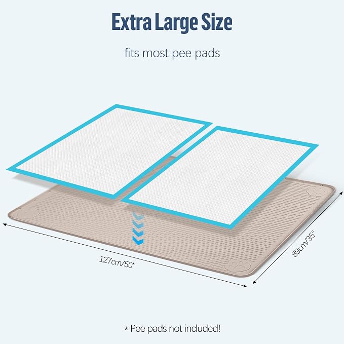 Pee Pad Holder for Dogs, 50" x 35" Silicone Pee Tray Mat Leak-Proof, High Edge, No Spill Pet Pad Holder for Puppy, Cat, Rabbit, Training Pads for Floor Protection, No Pee Pads (Khaki)