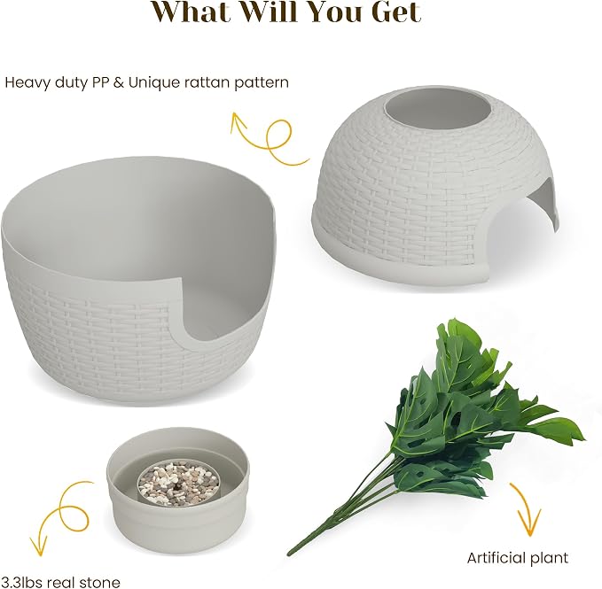 Hidden Plant Litter Box, Large Cat Litter Box Furniture with Odor Control Carbon Filter, Litter Box Enclosure for Home, Faux Plant and Real Stones, Gray