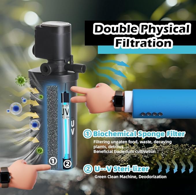 COOSPIDER Aquarium Filter 200GPH U-V Fish Tank Green Clean Machine for 30-100 Gallon Tank, Submersible Pump Filter for Water Clean, Internal Filtration System for Saltwater Freshwater Crystal Clear