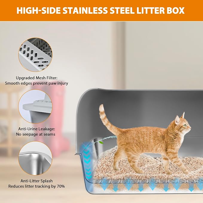 Homegroove Stainless Steel Sifting Litter Box for Pine Pellets, 23.6''Lx15.7''Wx12''H Cat Litter Box with Lid for Indoor Cats Metal Pellet Sifter Litter Pan with Plastic Scoop &10 Urine Pads (6 Inch)