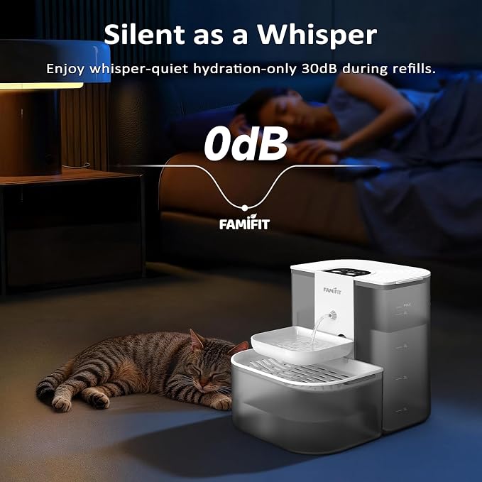 [New Upgrade] Famifit 4.5L+2L Heated Automatic Cat Water Fountain, 4000mAh Battery, Warm Water Option, Timed & Measured Control, Clean Water System, No Filter, Ceramic Bowl, Plug-in Recommended