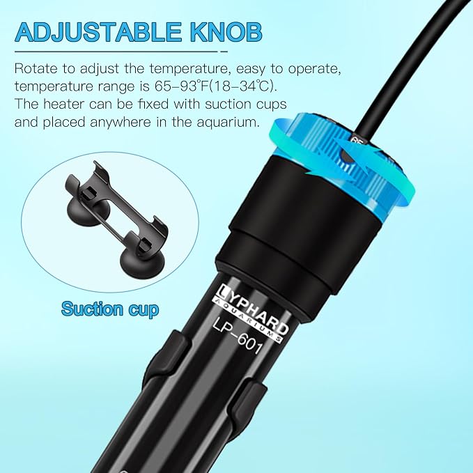 LYPHARD AQUARIUMS Aquarium Heater, 200W Submersible Fish Tank Heater with Precision Adjust Knob Thermostat and Suction Cup Suitable for Saltwater and Freshwater