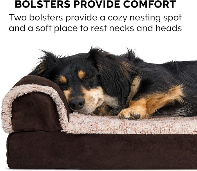 Furhaven Memory Foam Dog Bed for Medium/Small Dogs w/ Removable Bolsters & Washable Cover, For Dogs Up to 35 lbs - Two-Tone Plush Faux Fur & Suede L Shaped Chaise - Espresso, Medium