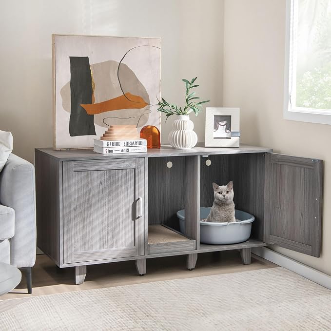 Tangkula Patented Double Cat Litter Box Enclosure for 2 Cats, Large Stackable Hidden Privacy Cat Washroom Cabinet with Scratching Board, Indoor Cat House TV Stand, Litter Box Furniture (Grey Oak)