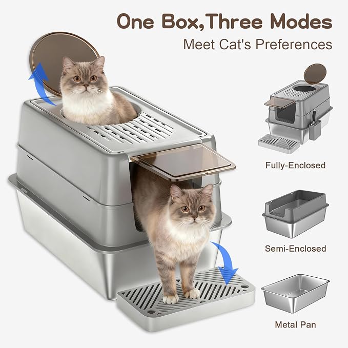 Stainless Steel Cat Litter Box with Lid, XL Enclosed Covered Litter Box for Large Cats, Front Entry Top Exit, High Sided Metal Litter Box, Odor Control, Leak Proof, Scoop & Pedal Included