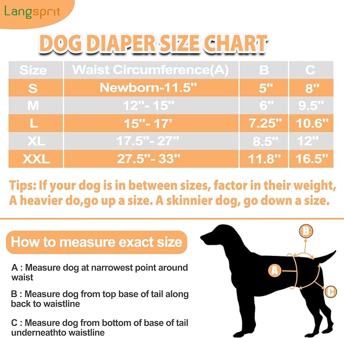 Langsprit Washable Female Dog Diapers (3 Pack) - No Leak Reusable Diapers for Doggy Female in Period - Highly Absorbent Dog Heat Panties with Adjustable Snaps Black M Size