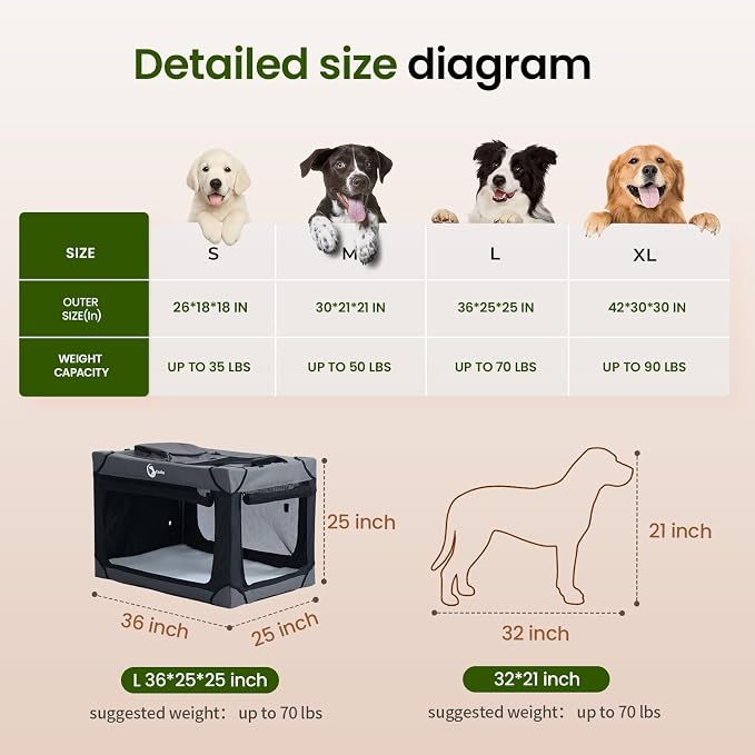 Portable Collapsible Dog Crate for Large Dogs, 4 Mesh Doors & 2 Storage Bags, Indoor Outdoor Travel Dog Kennel, BlackGrey, 36" x 25" x 25"