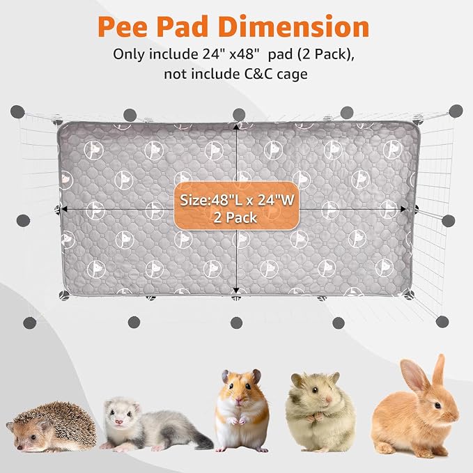 PJYucien Washable Pee Pads for Guinea Pig 2 Pack, 24" x 48" Non-Slip and Leak-Proof Pee Mat, Training Pads for Whelping, Crate, Bed (Grey)