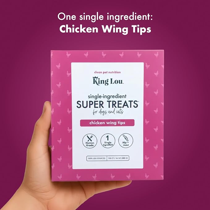 King Lou Pets Whole Chicken Wing Tips for Dogs & Cats, USA-Made Dehydrated Chicken Treats, Human-Grade Crunchy Dental Chews for Pet Hip & Joint Health, 120 Count