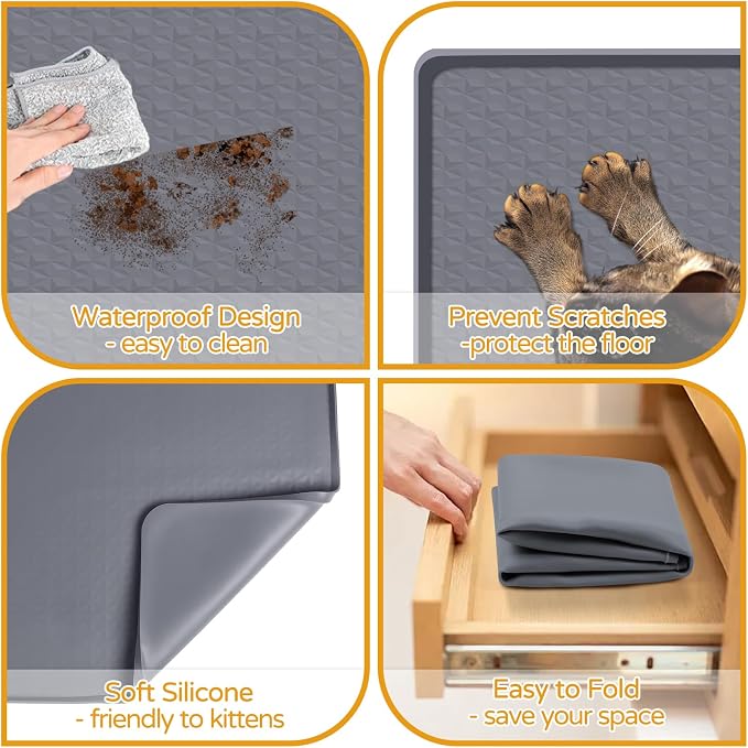 Cat Food Mat, 51" x 26" Large Silicone Mat Cat Feeding Mat with Raised Edge Non-Slip Pet Feeding Mat for Food and Water Bowl, Easy to Clean, Floor Protection (Gray)