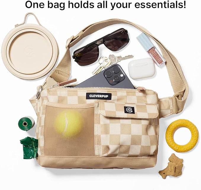 Cleverpup Walk & Train 2-in-1 Dog Walking Bag - Hands-Free Training Crossbody Sling & Fanny Pack with Treat Pouch, Poop Bag Holder, Phone Pockets - Adjustable Waist or Shoulder Strap - Checkerboard