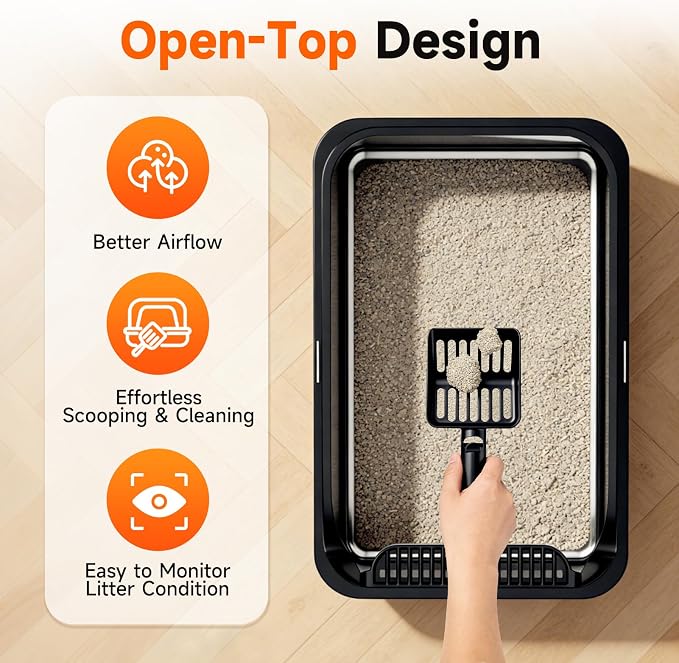 Stainless Steel Cat Litter Box with Lid, XL Extra Large High Sided Litter Box for Big Cats, Odor Free Open Top Litter Pan Easy Cleaning Anti-Urine Leakage Non-Stick, Includes Scoop