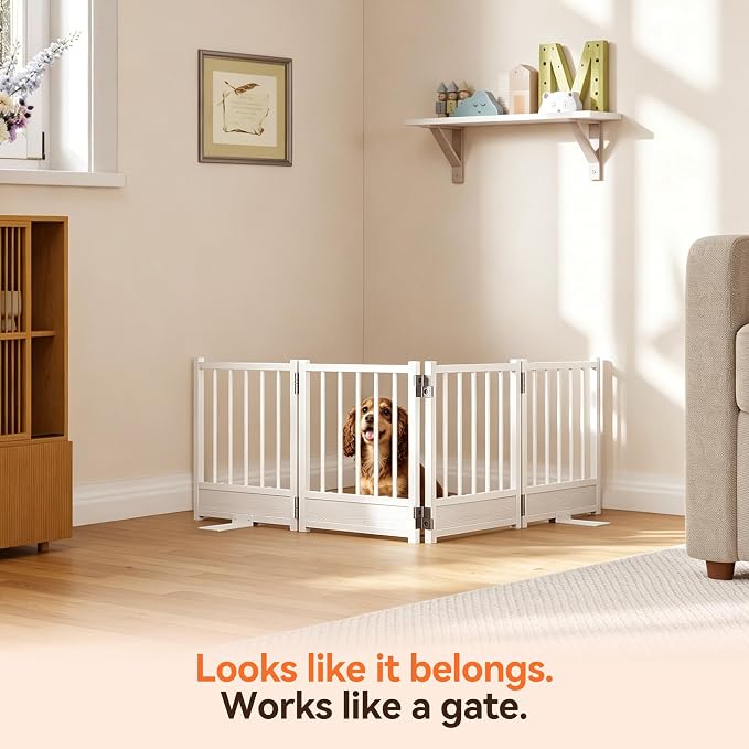 Reinforced Base Small Dog Gate, 48x15.7Inch No Drill Foldable Pet Fence, White Heavy Duty Puppy Barrier for Doorways, Modern Step-Over Metal Dog Gate for House, Anti-Tip Smooth Panel, Holds 200+ lb