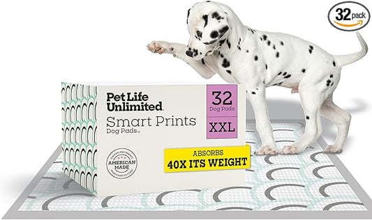 Pet Life Unlimited Smart Prints XXL Puppy Pads for Dogs, Potty Training Pee Pads, 32 Count, 30" x 36", Leak-Proof, Super Absorbent, Quick-Dry, Patterned Pads with Odor Control, Made in USA