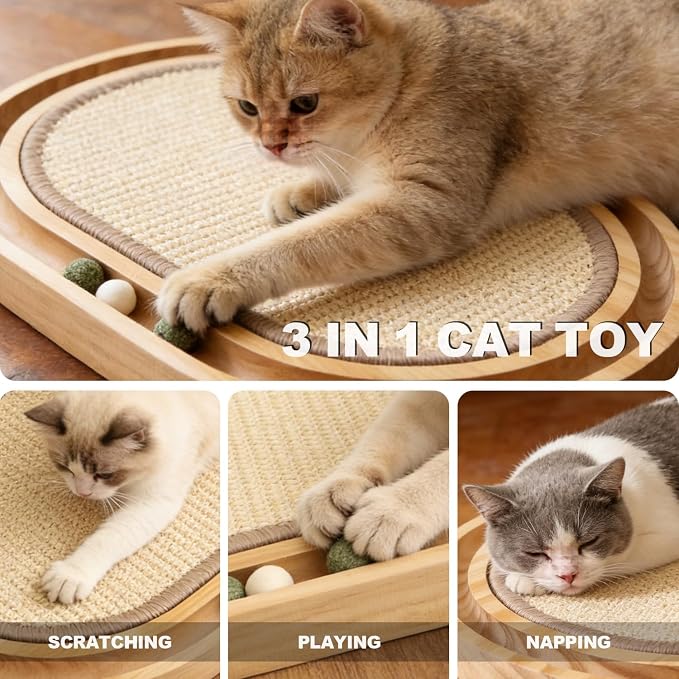 Sisal Cat Scratcher Toy, Natu sisal cat Scratching pad, Ball Track Wooden Interactive Cat Toy Ball, Catnip Ball, for Cats Chasing, Hunting, Mental Physical Exercise Puzzle