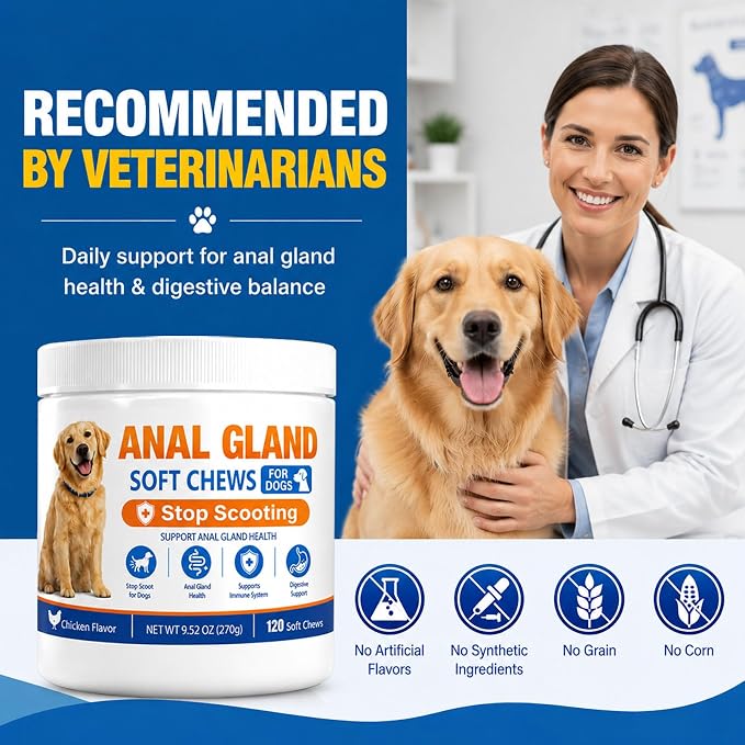 Anal Gland Support Chews for Dogs – Stops Scooting, Supports Digestive Health & Firm Stools – Pumpkin, Psyllium, Fiber, Probiotics & Digestive Enzymes – Chicken Flavor（120 Ct）