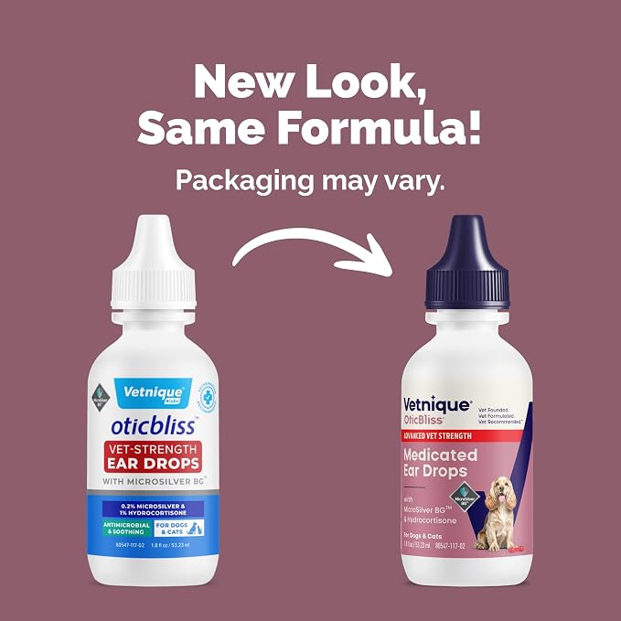 Vetnique Oticbliss Dog Ear Infection Treatment for Dogs & Cats, Otic Ear Solution with 0.2% MicroSilver BG and 1% Hydrocortisone, Medicated Drops for Yeasty Odor, Discharge, Redness, Swelling