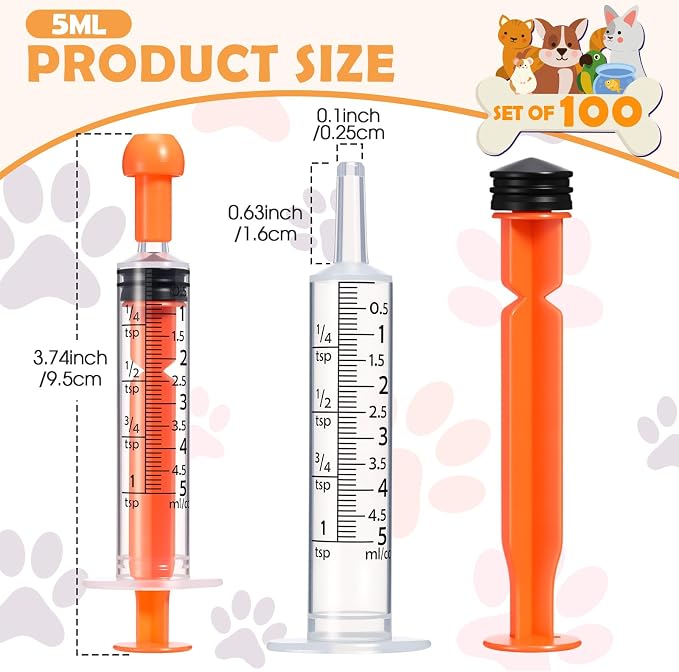 TrelaCo 100 Pack 5ml Syringes with Caps, Colored Plastic Measuring Syringe for Liquid, Pet Feeding, DIY, Party, Craft, Individually Sealed and Wrapped(Orange)