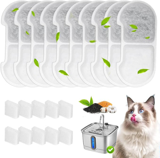 10+10 Pack Replacement Filters Compatible with SEIRMEP 101oz/3L Stainless Steel Cat Water Fountain, Includes 10 Filters & 10 Sponges