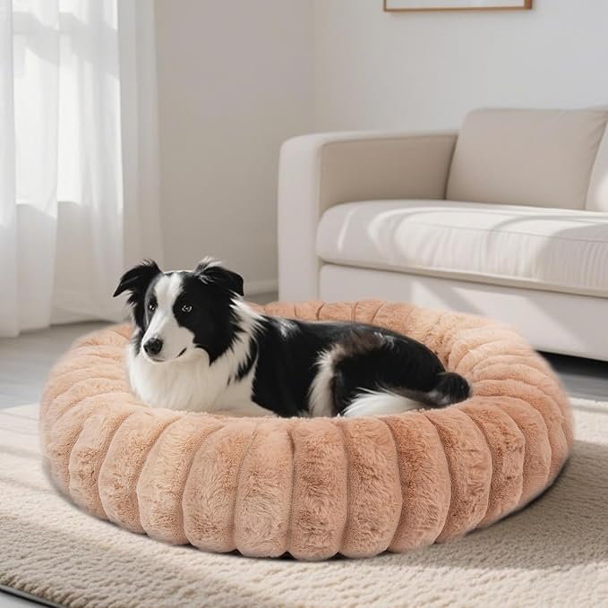 Donut Dog and Cat Bed, Luxurious Comfortable Faux Rabbit Fur Pet Beds, Round Anti-Anxiety Calming Puppy Kitten Bed with Anti-Slip Bottom for Small Medium Dogs & Cats(31", Brown)