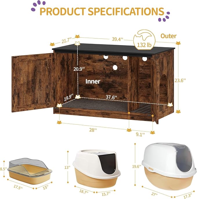 Hzuaneri Cat Litter Box Enclosure with Cushion, Hidden Litter Box Furniture with Removable Dividers, Reversible Entrance Left or Right Side, Cat House, Rustic Brown and Black CB84701X