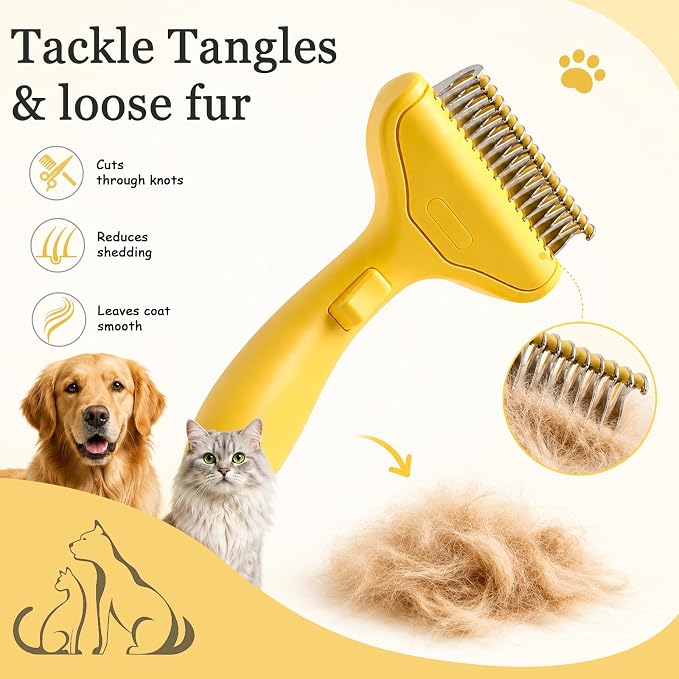 Dog Brush and Cat Deshedding Rake, Pet Grooming Tool for Shedding with Rounded Stainless Steel Teeth, Comfortable Grip for Long or Thick Coats (Style 2 Yellow)