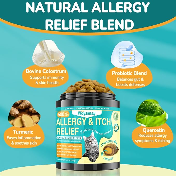 Cat Allergy Relief Chews & Dog No Chew Spray Bundle | Anti-Itch Chews for Cats with Seasonal Support & Bitter Apple Spray for Dogs to Stop Chewing and Licking | Multi-Pet Skin Comfort & Behavior Care