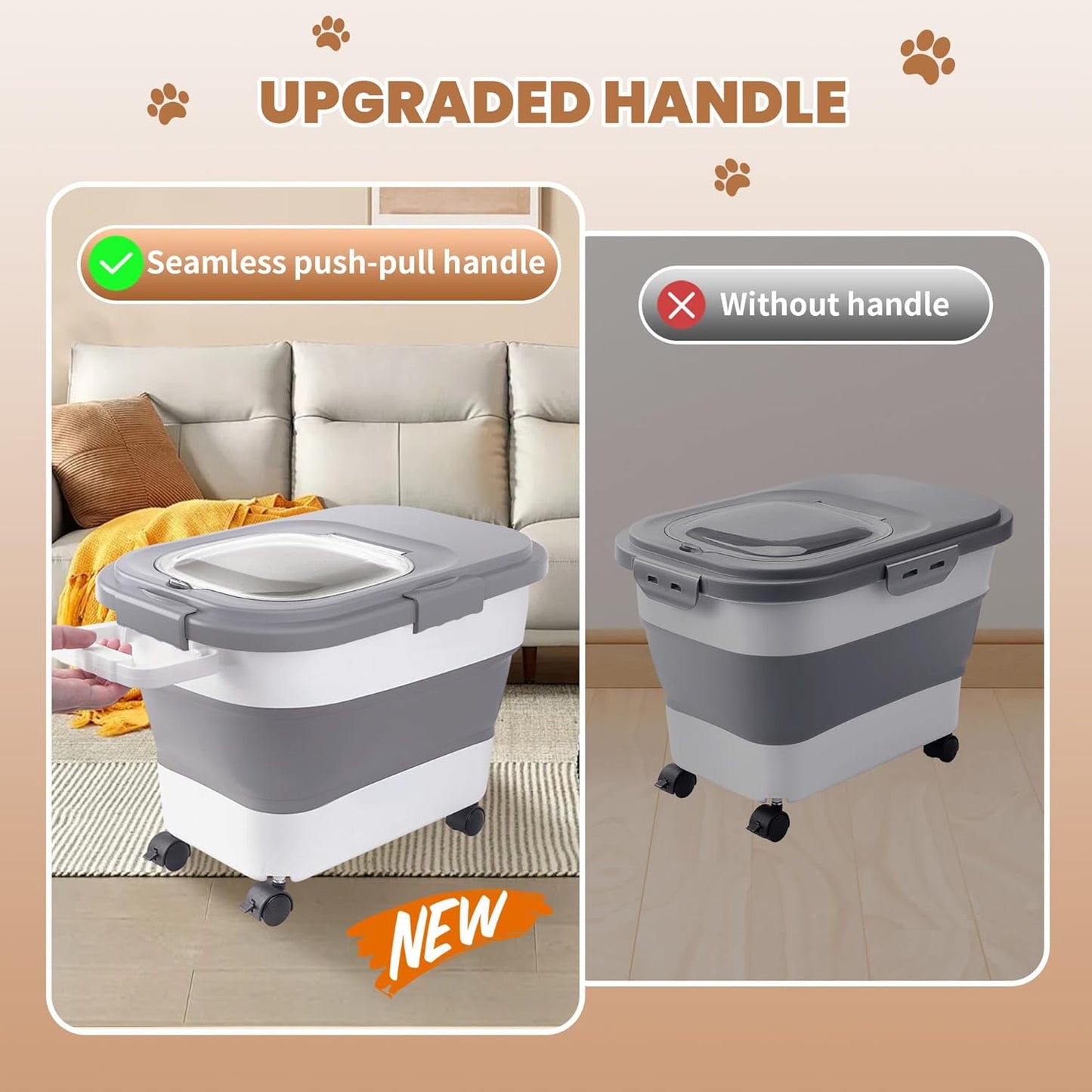 15-23 Lbs Airtight Dog Food Storage Container,Collapsible Dog Food Container with Lid,Wheels,Handle,Large Cat food storage Container with Scoop,Small Food Container for Dog Cat