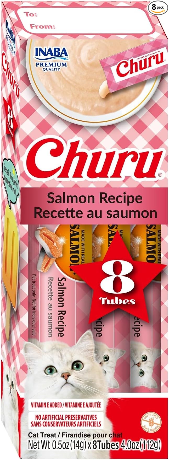 INABA Churu Lickable Purée Natural Cat Treats Gift Box - Salmon Recipe, 8 Tube Gift Box