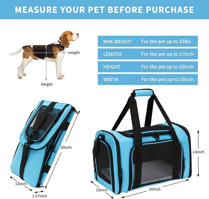 Pnimaund Large Pet Carrier, Soft Sided Cat Carriers for Large Cats Under 20 lbs, Soft Dog Carriers for Medium Dogs Small Dogs, Collapsible Cat Carrier for 2 Cats Travel Carrier -Blue