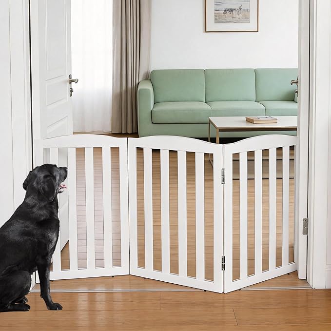 Freestanding Dog Gate Indoor,Doggie Gate Foldable Pet Gates for Doorways,Stairs or Hallways, Wooden White Pet Gate for the House, Pet Fence with Support Feet Included,24 "Height-3 Panels