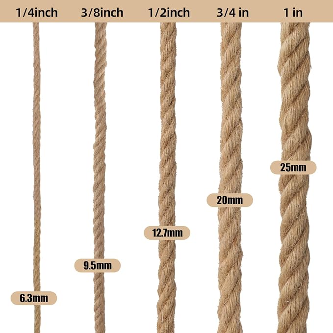 Jute Rope 3/8in100ft Natural Material Heavy Duty Jute Rope Twisted for Indoor Outdoor Crafts, Nautical, Tug of War, Railing, Hammock, Swing, Gardening