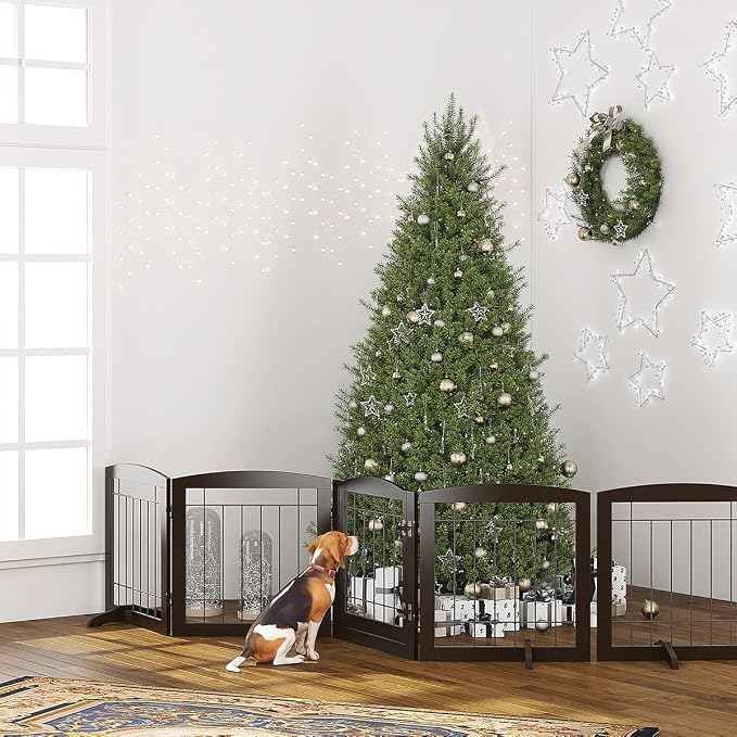 PAWLAND Freestanding Dog gate with Walk Through Door, Dog Gates for Doorways, The House, Stairs, 80" Wide Pet Puppy Safety Fence with Support Feet, 4 Panels, Espresso