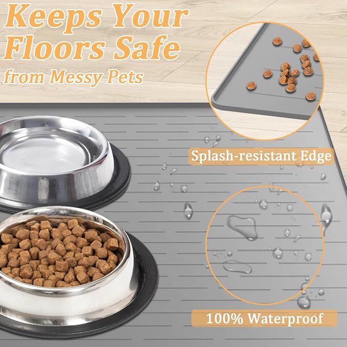32"x24" Large Silicone Pet Feeding Mat, Waterproof Non-Slip Dog and Cat Bowl Mat for Food & Water, Durable Floor Protector to Prevent Spills, Easy to Clean, Light Gray