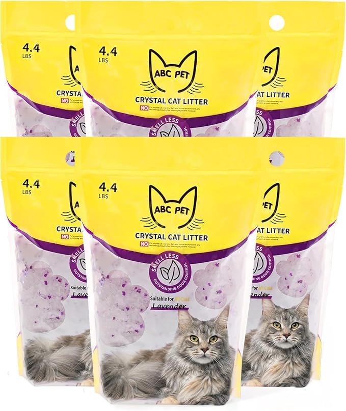 ABCPET Cat Litter Crystals No Clumping Odor Control Kitty Litter Non-Clumping No scooping Low Dust, Low Tracking, Dehydrates Waste Lavender - 25.8 lbs (6 x 4.3 lb Packs)