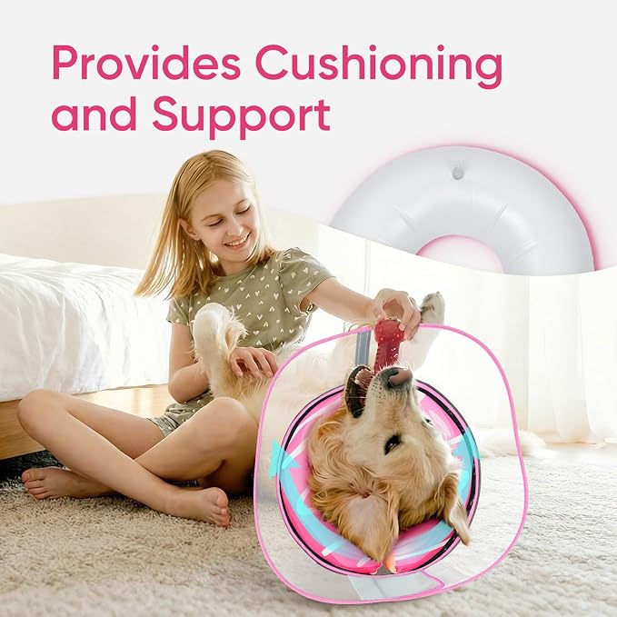 Supet Raised Inflatable Dog Cone After Surgery - Adjustable Recovery Donut Collar with Removable Shield to Stop Licking Wounds & Protect Stitches - Soft Dog Cone Alternative for Large Dogs (Pink,L)