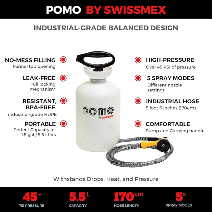 Pomo High Pressure 5L Portable Shower, Outdoor Shower, Camping Shower, Surf Rinse Kit, Beach Shower, Dog Wash, Boat Rinse, Car Shower, 1.5 Gallon Multi-use Sprayer, Hand Pump 45 PSI - No Power Needed!