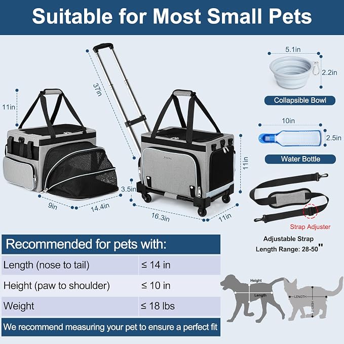 Pet Carrier with Wheels for Cats & Small Dogs, Airline Approved Cat Carrier, Expandable Soft Sided Pet Travel Carrier with Removable Trolley, Mesh Ventilation, Includes Water Bottle & Collapsible Bowl