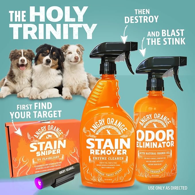 ANGRY ORANGE Pet Odor Eliminator Kit for Dog/Cat Urine, 24oz Citrus Odor Eliminator Spray and Stain Sniper Flashlight - Citrus Scent