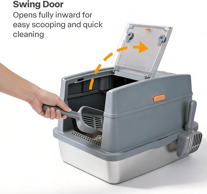 Large Stainless Steel Cat Litter Box with Lid, Enclosed High Sided Sifting Metal Litter Boxes with Scoop for XL Cats, Multicat, Non-Sticky, Anti-Leakage, Easy Cleaning, Grey