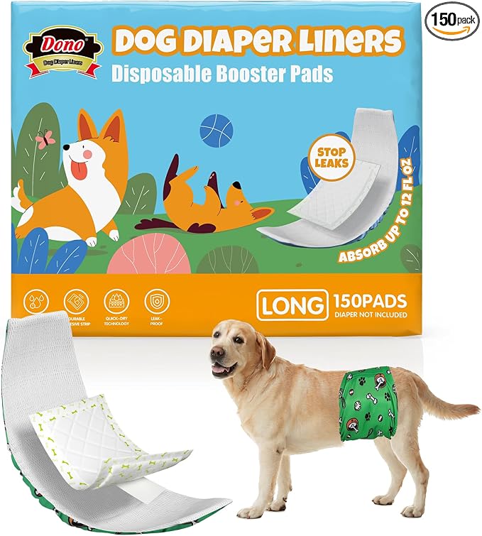 Dono Dog Diaper Liners for Male and Female Dogs, Super Absorbent Booster Pads, 150ct Disposable Doggie Diaper Inserts Fit Reusable Male Belly Bands, Wraps, Washable Period Panties (Long)