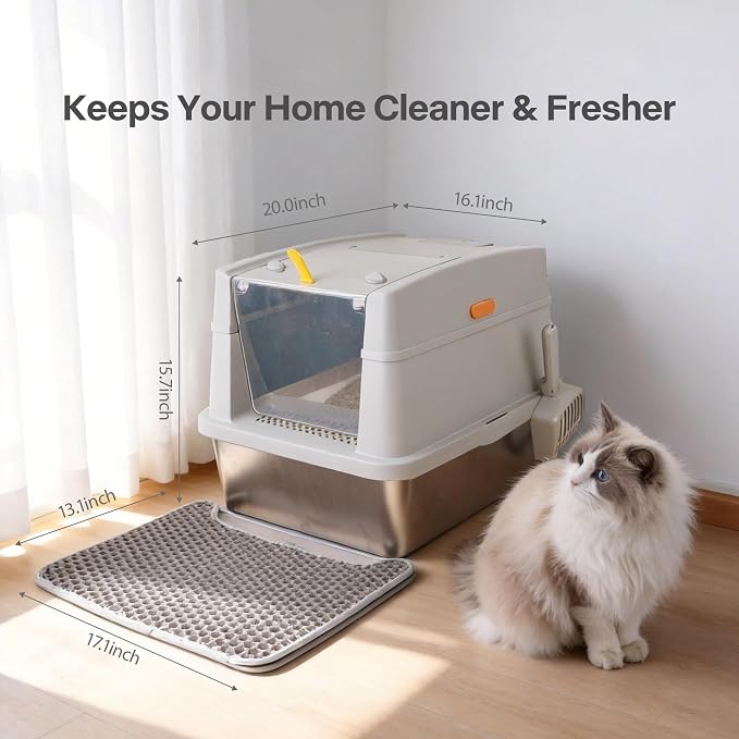 Large Stainless Steel Cat Litter Box with Lid, Enclosed High Sided Sifting Metal Litter Boxes with Scoop for XL Cats, Multicat, Non-Sticky, Anti-Leakage, Easy Cleaning, Sand