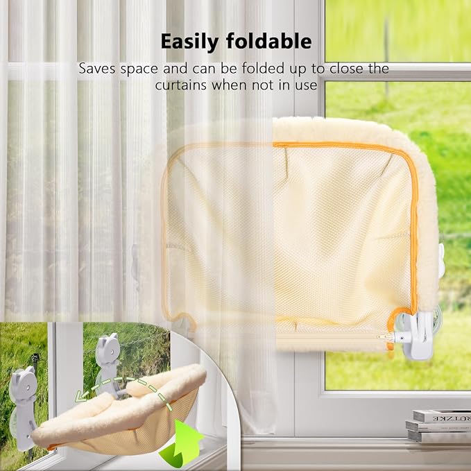 JUNSPOW Cat Window Perch Cordless, Foldable & Stable Cat Beds- Breathable Cat Window Hammock for Overlooking, Sunbathing and Climbing - Maximum Hold Up to 40lb(Cream)