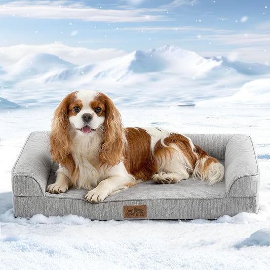COZY KISS Cooling Dog Bed for Small Dogs, 30"x20" Orthopedic Foam Sofa with Bolster Sides, Q-Max >0.4 Cooling Technology, Cool Pet Bed with Removable Washable Cover, Grey