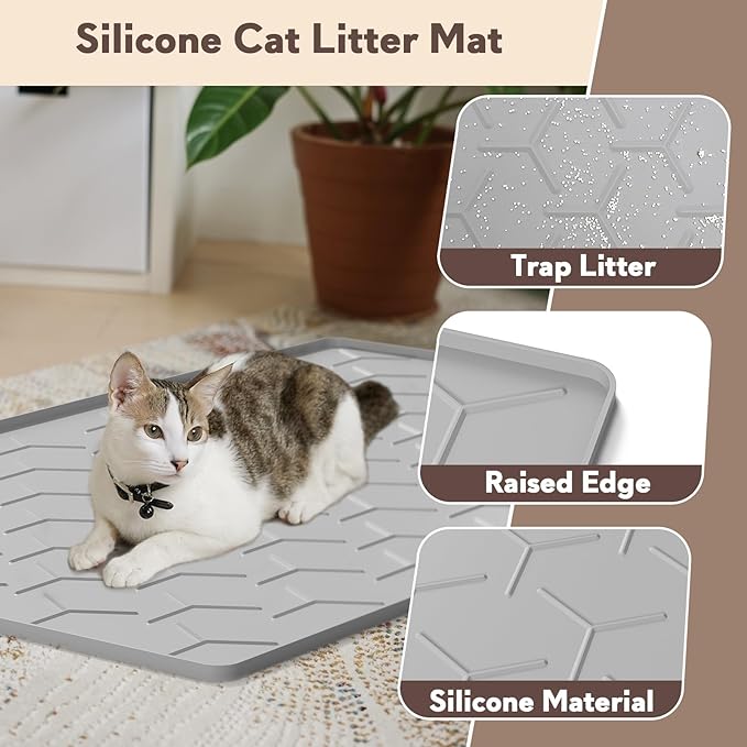 Garoopion Cat Litter Box Mat, Large 40" X 28" Litter Trapping Mat for Cats, Waterproof Silicone Pad for Floor, Gray