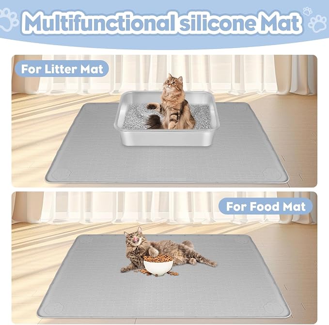 Kalolary Cat Litter Box Mats, Large 34" x 22" Silicone Cat Mat, Easy to Clean Kitty Litter Trapping Mat, Soft on Kitty Paws, Waterproof, Urine-Proof Kittys Litter Mats for Floor, Light Grey